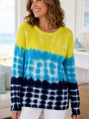 Ruby Rd. Tie-Dye Crewneck Sweater in Yellow, Blue & Black